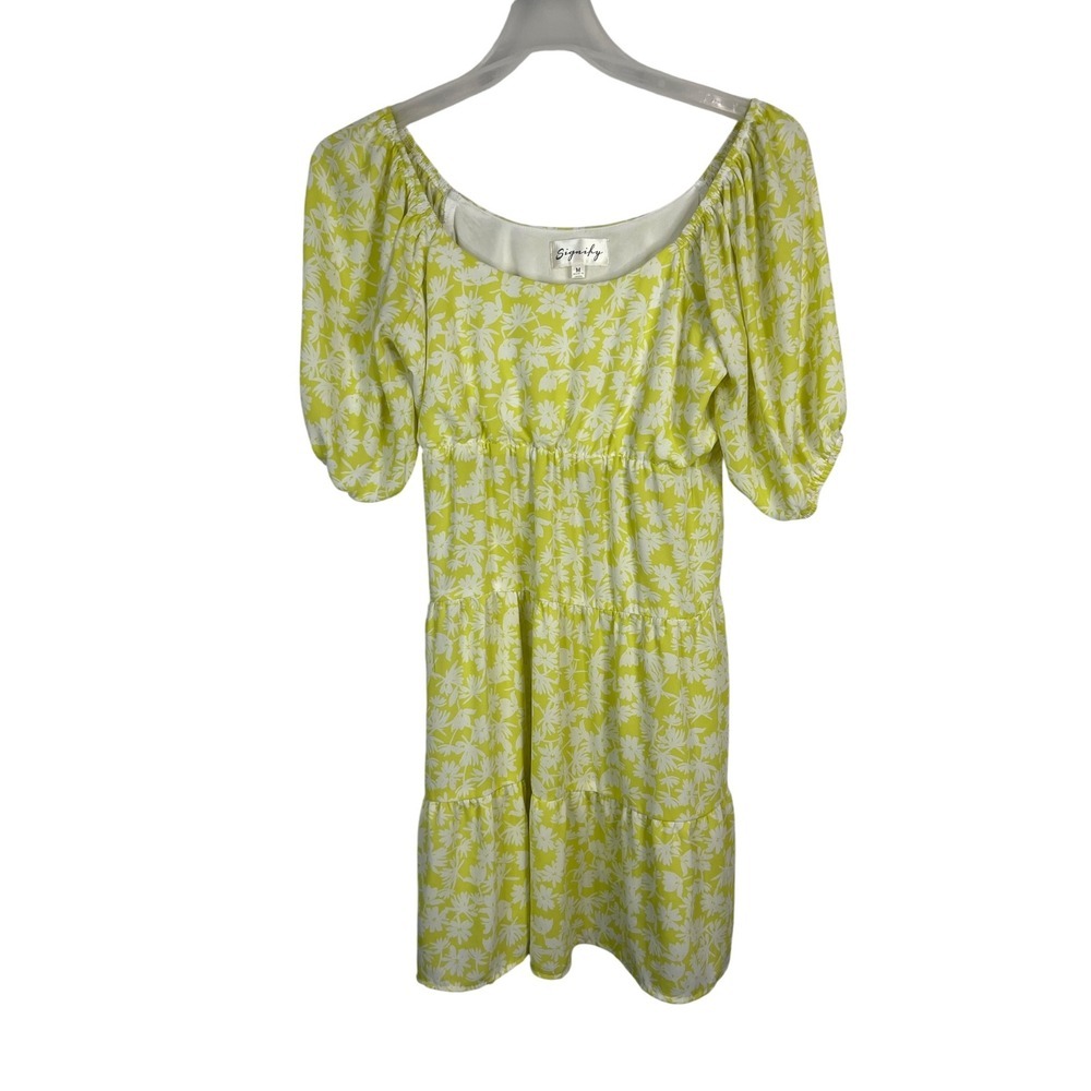 Signify Lime Green White Floral Puff Sleeve Tiered Mini Dress - Sz Medium